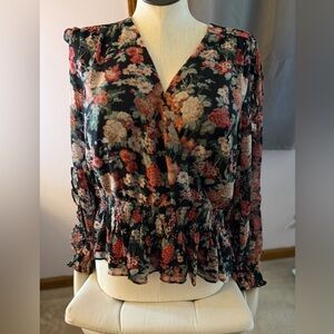 Express Black Multi Floral Wrap Peplum Top